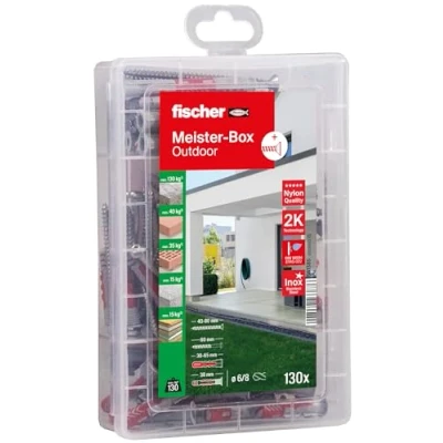 Afbeelding van fischer 561385 vochtig &amp; buiten, plugbox, 130 delig met roestvrijstalen schroeven DUOPOWER DUOSEAL, set voor bevestigingen buiten en binnen praktische hulp, rood