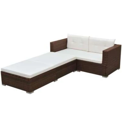 Afbeelding van 3 delige Loungeset met kussens poly rattan bruin
