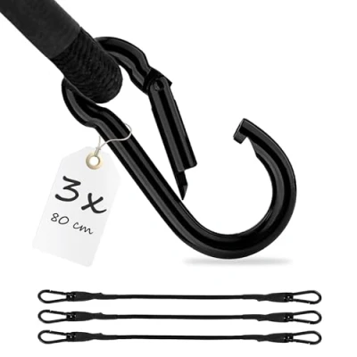 Afbeelding van ECENCE 3x Spanelastiek met karabijn 80cm in Zwart Rubberen spanbanden, bagagespanband, expander, spanband voor fiets, auto, bagage, transportbeveiliging