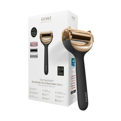 Afbeelding van GESKE SmartAppGuided™ MicroNeedle Face &amp; Body Roller 9 in 1 rozenkwarts Elektrische dermaroller Microneedling apparaat Schoonheidsroller voor gezicht en lichaam