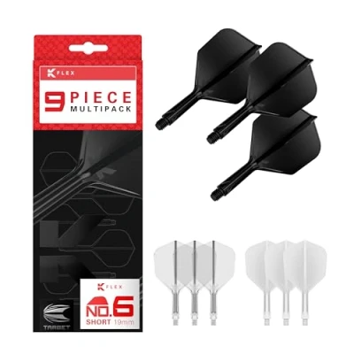 Afbeelding van Target Darts K Flex Integrated Dart Flights and Shafts, Korte steel (19mm), No.6 Flight, 9 pack Bundel, Zwart, Wit &amp; Helder Kflex 2 In 1 Flight en Steel, Professionele Accessoires