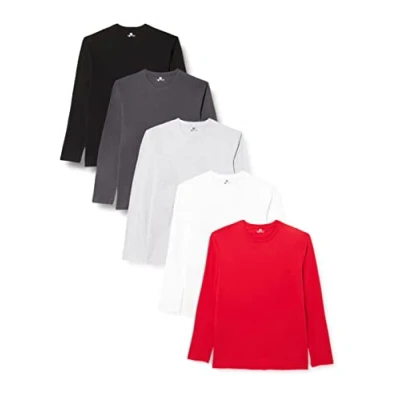 Afbeelding van Lower East Heren Shirt met lange mouwen en ronde hals, gemaakt van 100% katoen, Wit/zwart/rood/forged iron/grijs melange, set 5, XXL