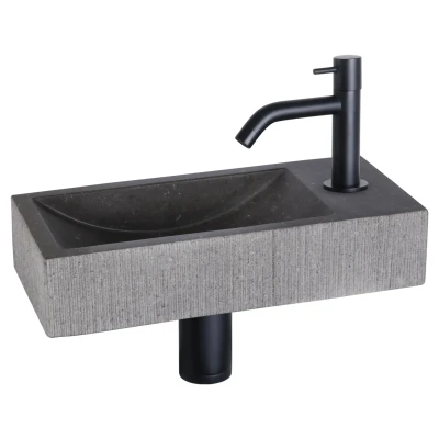Afbeelding van Differnz Ribble fonteinset natuursteen bombai black met gebogen kraan mat zwart