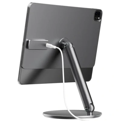 Afbeelding van LULULOOK Magnetische houder voor iPad Pro 11 inch M4, [18 W snel opladen] aluminium, opvouwbaar en 360 graden draaibare basis, sterk, magnetisch, ophanging, tablethouder kantoor, met USB C kabel
