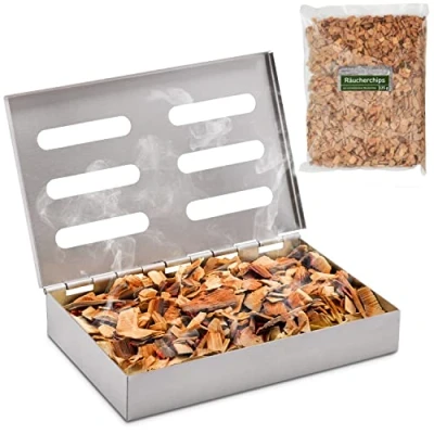 Afbeelding van Räucherphorie Rookbox roestvrij staal Robuuste Smoker Box met rookchips + e book de lekkerste recepten Grill Universeel als Gas of Houtskoolgrill