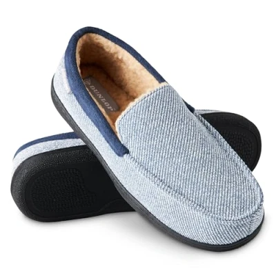 Afbeelding van Dunlop Mocassins, slippers voor heren, nepbont, met rubberen zool en traagschuim, huisslippers, binnenschoenen, geschenk marine Wit, 43 EU
