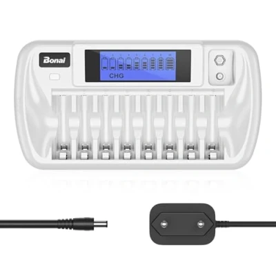 Afbeelding van BONAI Batterijlader 9 Slots, LCD Universele Oplader voor AA/AAA / 9V Blok NI MH CD Oplaadbare Batterijen met Batterijontladingsfunctie, Wit