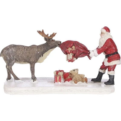 Afbeelding van LuVille Kerstdorp Miniatuur Rendier die Kerstman Plaagt L12 x B7,5 H7 cm