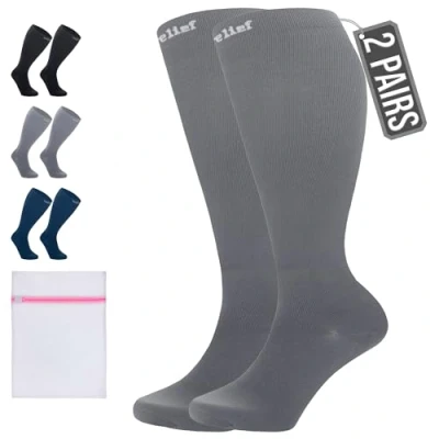 Afbeelding van 360 Relief 2 Paar Compressiesokken Dammes en Herren Effen Kleuren Compressiekousen voor Sport, Hardlopen, Vliegen, Reizen, Joggen, Fietsen, Werk Grijs L/XL Kniehoge sokken met Mesh Waszakje