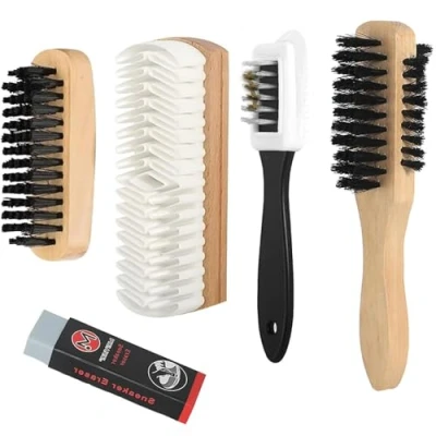 Afbeelding van UQTUKO suède borstel voor schoenen, 5 stuks, schoenverzorgingsset, veelzijdig inzetbare suèdeborstel, schoenborstelset met gum, nubuckleer, suède, verzorgingsborstel
