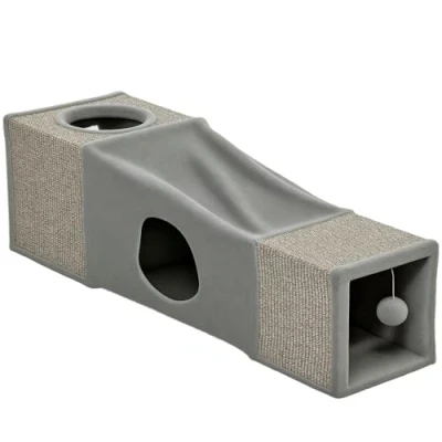 Afbeelding van PawHut Kattentunnel, kattenspeelgoed met speelbal, kattenmand, opvouwbare speeltunnel van sisal, gecombineerd design, bruin + grijs, 98 x 30 cm