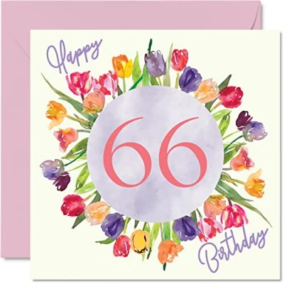 Afbeelding van Mooie 66e verjaardagskaarten voor vrouwen Aquarel Tulpen Bloemen Boeket Gelukkige Verjaardagskaart haar oma Nanny Gran Mum Verjaardagscadeaus, 145mm x Wenskaarten Gift