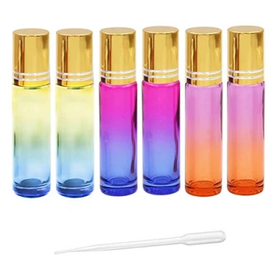Afbeelding van JamHooDirect 6 stuks, 10 ml etherische oliën rolflessen, lege hervulbare gradiënt kleur glazen rolflessen met roestvrijstalen rolballen en gouden doppen, inclusief etiketten, druppelaar opener