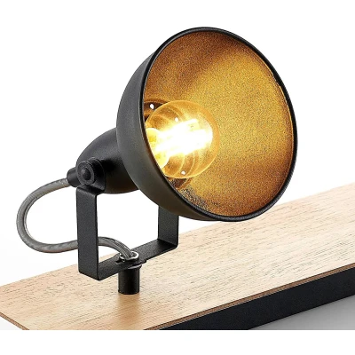 Afbeelding van Tweelamps plafondlamp Aylis met zwarte metalen kappen en multiplex element