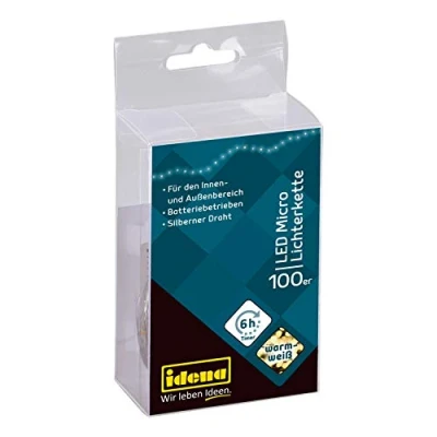 Afbeelding van Idena 31225 LED Micro lichtketting met 100 leds in warm wit, 6 uur timerfunctie, werkt op batterijen, ca. 10,2 m lang, voor feestjes, Kerstmis, decoratie, bruiloft, als sfeerlicht