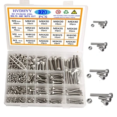 Afbeelding van HVDHYY M3 M4 M5 M6 inbusbouten met binnenzeskant schroevenset A2 70 roestvrij stalen zeskantschroeven, machineschroeven, moeren, assortimentskit, hex socket button opbergdoos, 320 stuks