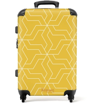 Afbeelding van NoBoringSuitcases.com Grote koffer Gele achtergrond met witte lijnen Reiskoffer 4 wielen Trolley op wieltjes Rolkoffer groot 72 liter Ruimbagage valies 20kg Valiezen voor volwassenen