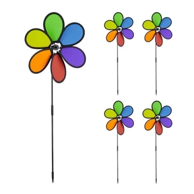 Afbeelding van Relaxdays windmolentje bloem set van 5 regenboog tuinsteker windspinner tuindecoratie