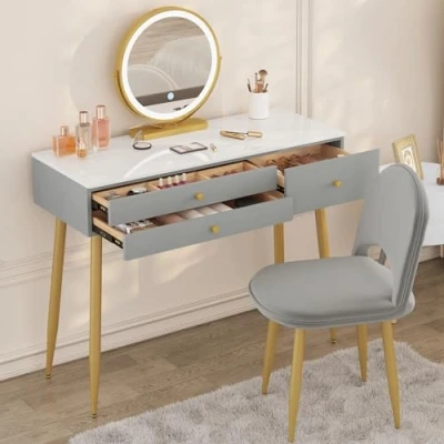 Afbeelding van WOLTU kaptafel met verlichting, verstelbaar LED spiegellicht, 3 laden, groot tafelblad 100x40 cm, make uptafel fluwelen kruk, grijs + goud, MB6105gr