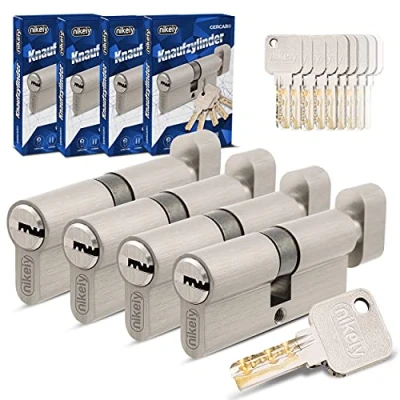 Afbeelding van Gercar Pro Knopcilinders, gelijksluitend, 4 stuks, 45/45, set van sluitcilinders met knop, 20 sleutels, 90 mm deurslot, cilinderslot, cilinders, lengte mm. A: 45 B:45, messing, mat, massief