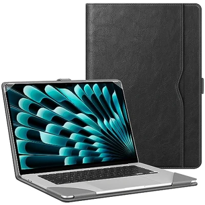 Afbeelding van Fintie Hoes compatibel met MacBook Air 15 M3 M2 chip (2024 2023) A3114 A2941, hoogwaardig kunstleer, sleeve folio beschermhoes 15,3 inch, zwart