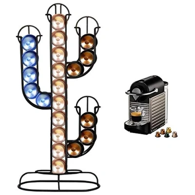 Afbeelding van Bakaji Capsulehouder koffiecapsulehouder vorm cactus dispenser standaard van metaal 40 zits kleur zwart formaat 42 x 10 19,5 cm modern design
