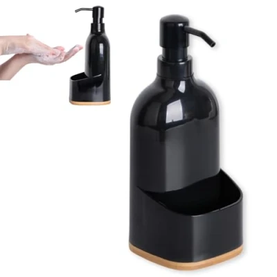 Afbeelding van Kook Time Afwasmiddeldispenser en zeepdispenser voor de keuken, praktische dispenser afwasmiddel zeep, van zwarte kunststof bamboebasis, ideaal elk keukenwerkblad, 9,5 x 22 cm