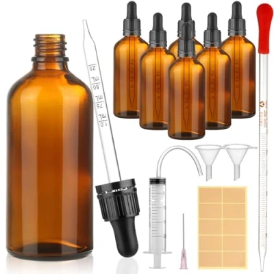 Afbeelding van modacraft 6 stuks 100 ml pipetfles met hulpaccessoires, fles pipet bruine glazen apothekersfles druppelfles voor vloeistof, etherische olie, parfumolie, aromatherapie, vloeibare kleurstoffen