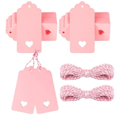 Afbeelding van G2PLUS 100 stuks geschenkhangers roze, 4,5 x 9,5 cm kraftpapier labels, 300 g/m² cadeauhangers etiketten hart met koord voor bruiloft, geschenken om te knutselen