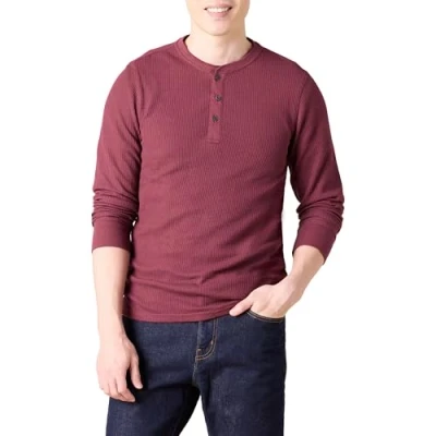 Afbeelding van Amazon Essentials Men&#039;s Henley shirt met lange mouwen, wafelpratoon en slanke pasvorm, Bordeauxrood, XL