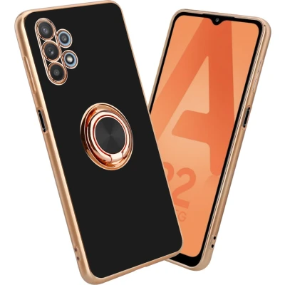 Afbeelding van Cadorabo Hoesje geschikt voor Samsung Galaxy A32 5G in Glossy Zwart Goud met ring Beschermhoes van flexibel TPU silicone Case Cover camerabescherming en magnetische autohouder