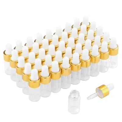 Afbeelding van Parfumlism 50 stuks mini druppelflesjes lege glazen flesjes met gouden deksels, parfummonsters voor etherische oliën, lichaamsolie en vloeistoffen (3 ml)