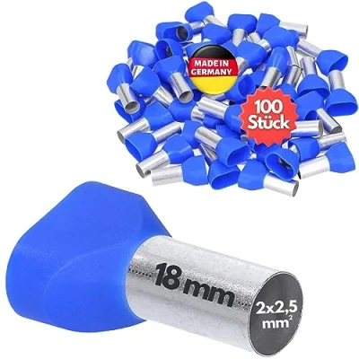 Afbeelding van 100 stuks Kalitec AET2518BL dubbele adereindhulzen geïsoleerd 2x2,5mm² 18mm lang blauw I Made in Germany Industriële kwaliteit