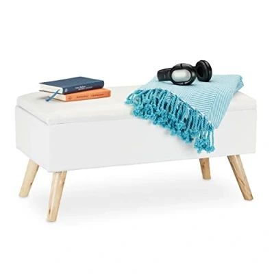 Afbeelding van Relaxdays zitbank met opbergruimte, kussen, houten poten, opbergbank, HxBxD: 39,5 x 79,5 cm, wit