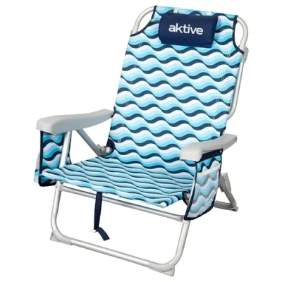 Afbeelding van AKTIVE Aruba 62417 Inklapbare strandstoel, 64 x 63 28/82 cm, 5 standen, aluminium en polyester, met kussen, achtervak rugzakgrepen, belastbaar tot 110 kg, veilige kliksluiting, model