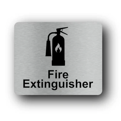 Afbeelding van Brandblusser Teken Zelfklevende Sticker Notice, Metallic Zilver Gegraveerd Zwart met Universele Icon Symbool en Tekst (Maat 12cm x 10cm)