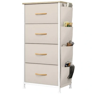 Afbeelding van YITAHOME Ladecommode, dressoir met zijzakken en haken, stof 4 laden handgrepen, metalen frame, houten blad, voor slaapkamer, woonkamer, kinderkamer, hal, beige