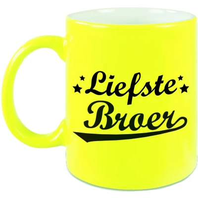 Afbeelding van Liefste broer cadeau mok / beker neon geel 330 ml verjaardag bedankt feest mokken