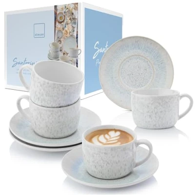 Afbeelding van Sänger koffiekopjes set met schotel Santorini 8 delig, en schoteltjes voor 4 personen, aardewerk koffieservies, kopjes, mokken crèmekleurig lila blauw kleurverloop 150 ml