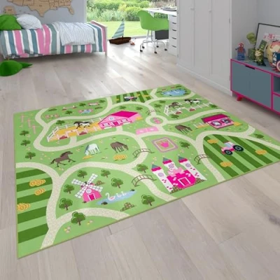 Afbeelding van Paco Home Vloerkleed Kinderkamer, Speelvloerkleed Voor Kinderkamers, Landschap En Paarden, In Groen, Maat:140x200 cm