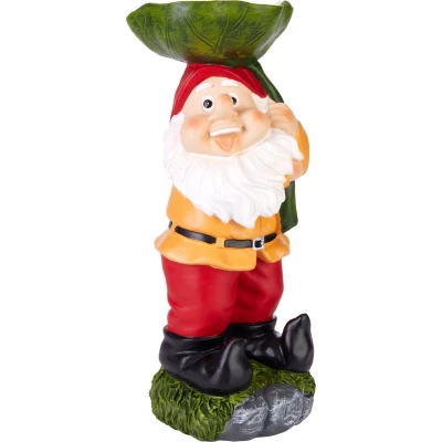 Afbeelding van BRUBAKER Tuinkabouter met Blad voor Waterregen en Vogelvoer Gelukkige Kabouter Grappig Tuinbeeldje Weerbestendige Decoratie Tuin Camping Tuindecoratie Buiten 24 cm