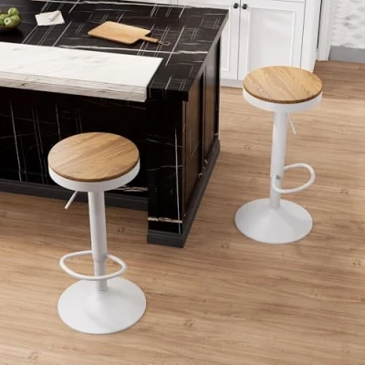 Afbeelding van YOUNIKE barkruk, set van 2, wit hout, in hoogte verstelbaar, draaibaar, keukenstoelen, barstoelen met voetensteun, voor bar keuken