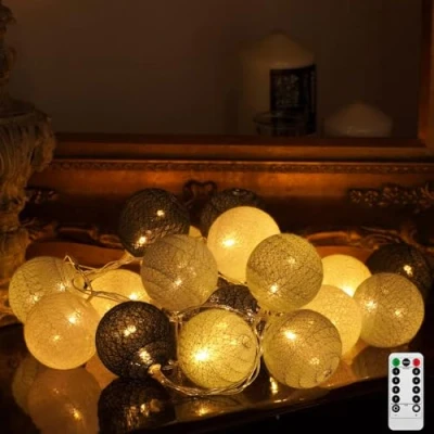 Afbeelding van Ciskotu Katoenen bollen lichtsnoer, 20 leds, USB, dimbaar, met afstandsbediening en timer, led bollen, lichtketting voor kinderkamer, Kerstmis, bruiloft, feest (grijs)