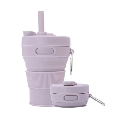 Afbeelding van UNNESTAR Siliconen koffiemok inklapbare bekers voor kamperen vouwen reizen met rietje herbruikbare draagbare drinkbekers buiten wandelen 450 ml (Paars ml, 1)