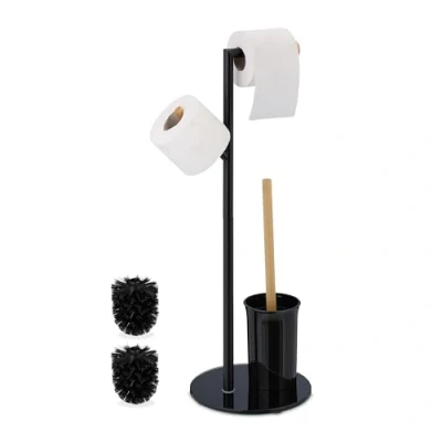 Afbeelding van Relaxdays toiletaccessoires set 64 x 27 22 cm rvs staande wc rolhouder &amp; toiletborstel zwart