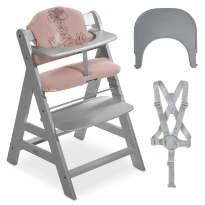 Afbeelding van Hauck AlphaPlus kinderstoel met dienblad, kliksysteem, kussens en veiligheidsgordels, 5 punten, houten van 6 maanden tot 90 kg, verstelbaar, (grijs, Minnie Pink)