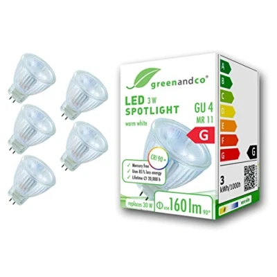 Afbeelding van 5x greenandco® CRI 90+ LED spot vervangt 20W GU4 MR11, 3W 160 lumen 3000K warm wit 12V AC/DC flikkervrij niet dimbaar