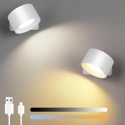 Afbeelding van Birnetek Led wandlamp voor binnen, oplaadbare wandlampen met 3 helderheid en kleuren, 360 graden draaibare touch bediening, batterij, slaapkamer, keuken, badkamer, woonkamer (wit)