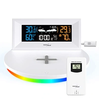 Afbeelding van GreenBlue Draadloos weerstation met draadloze Qi oplader Mood Light Base Externe Sensor Binnen en Buitenthermometer Wit