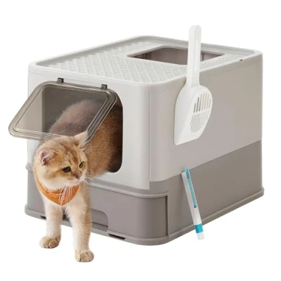 Afbeelding van Feandrea Kattenbak met deksel, uitschuifbare bak, schep, borstel, ruim voor katten tot 15 kg, minder sporen, lekvrije bodem, havermout warmgrijs